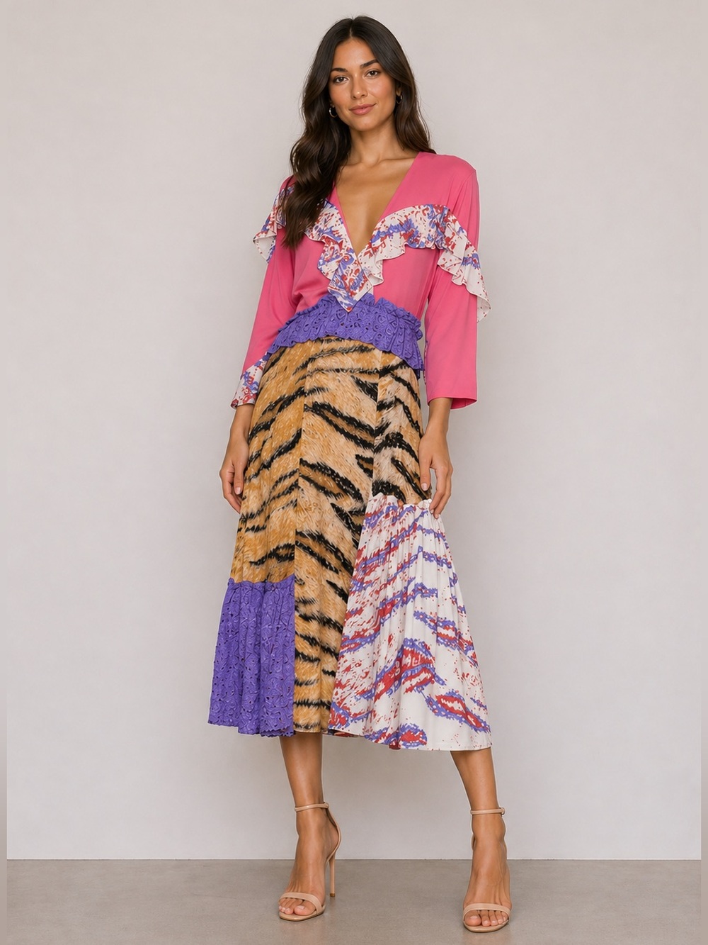 Elinor Dress in Multi Patchwork Midi Skirt in Yellow Tiger & Purple